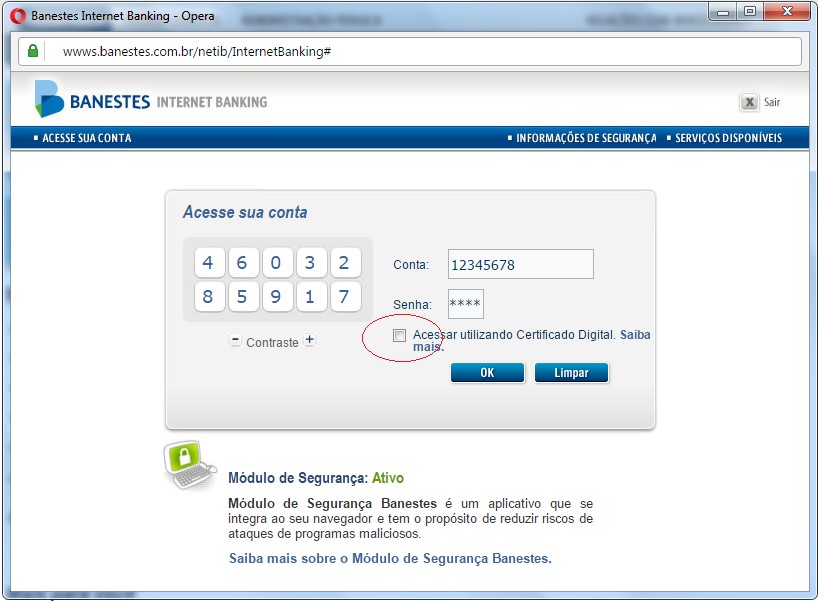 Tela de Acesso ao Internet Banking