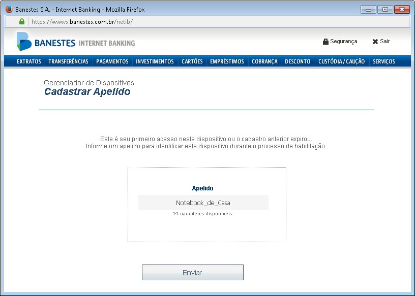 Tela de Acesso ao Internet Banking